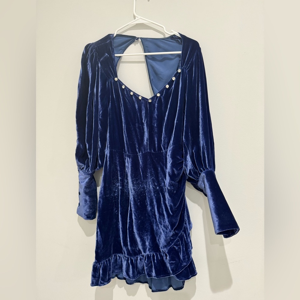 Reformation Navy Velvet Dress with Crystal Details